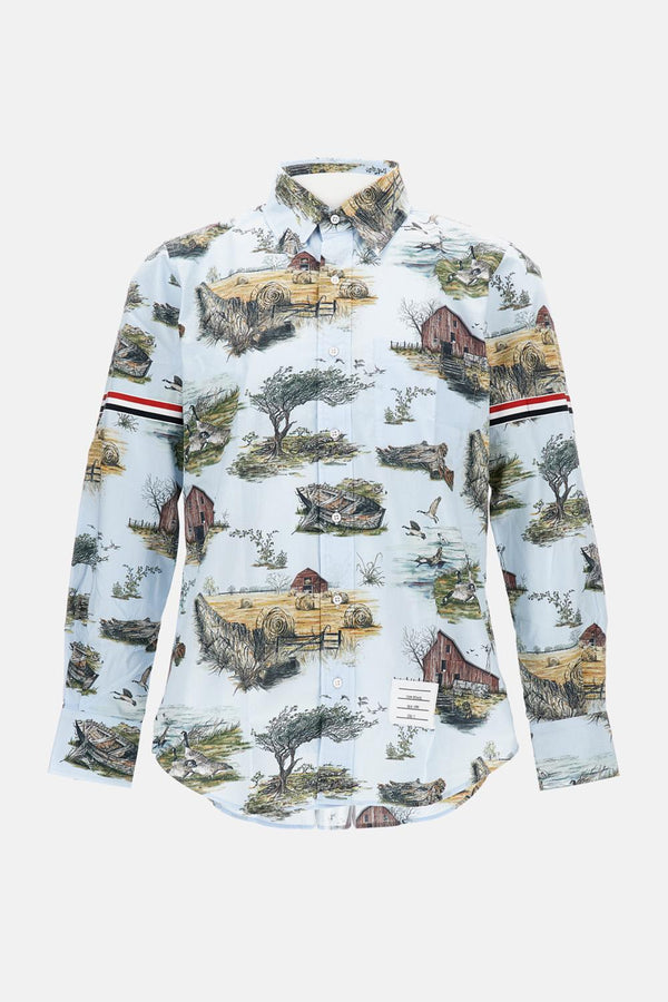 CAMICIA STRAIGHT FIT CON FASCE IN POPELINE DI COTONE SCENIC TOILE CON GRAFICA MWL301O F0976996 Thom Browne 
