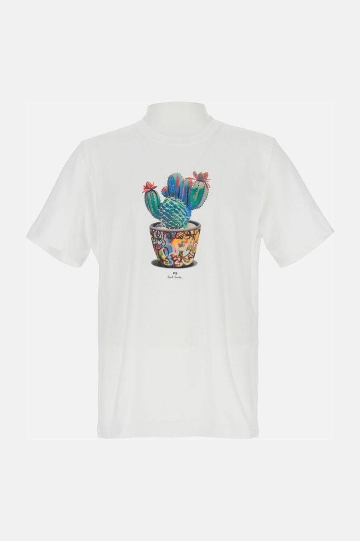 PS Paul Smith White T-shirt with 'Graffiti Cactus' print $50.54 USD